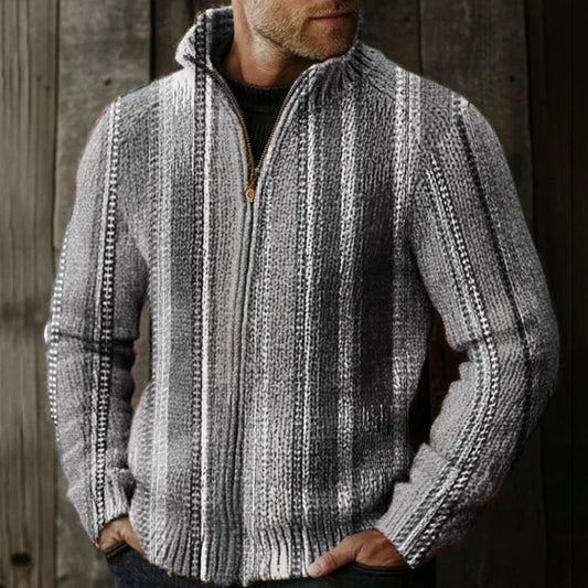 Men's Retro Colorful Striped Pattern Knitted Zip Sweater artswardrobe