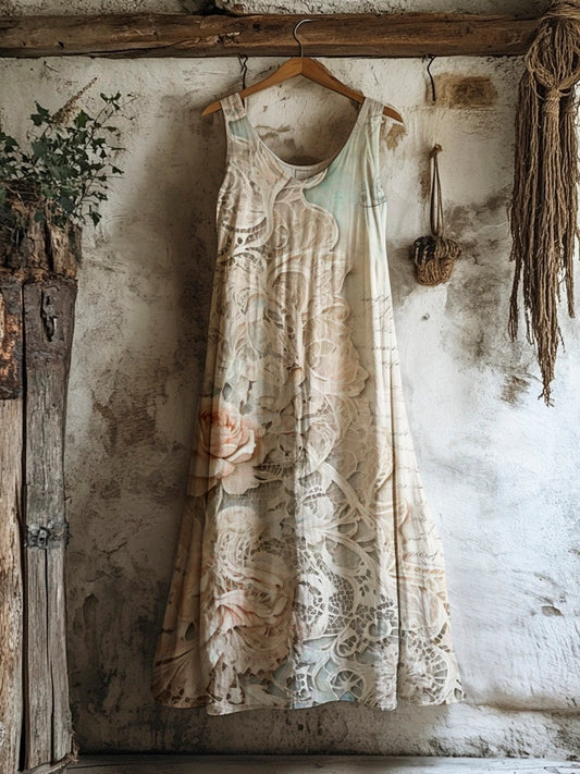 Boho Lace Floral Art Vintage Women's Linen Vest Dress elevenforest