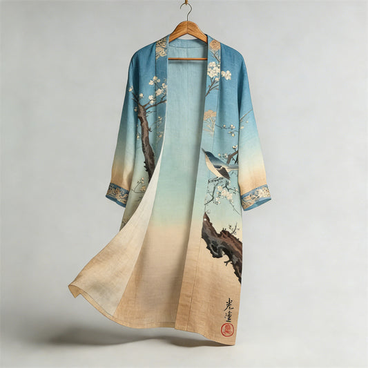 Japanese Bird Plum Blossom Gradient Flowy Long Linen Kimono elevenforest