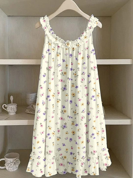 Colorful Floral Pattern Ruffle Linen Dress elevenforest