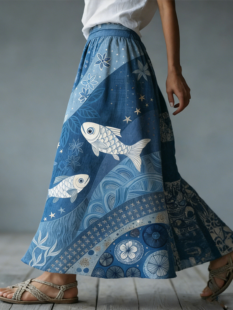 Comstylish Japanese Art Retro Style Small Fish Print Women's Half-length Skirt