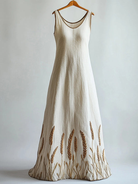 Lammas Wheat Embroidered Linen Maxi Tank Dress elevenforest