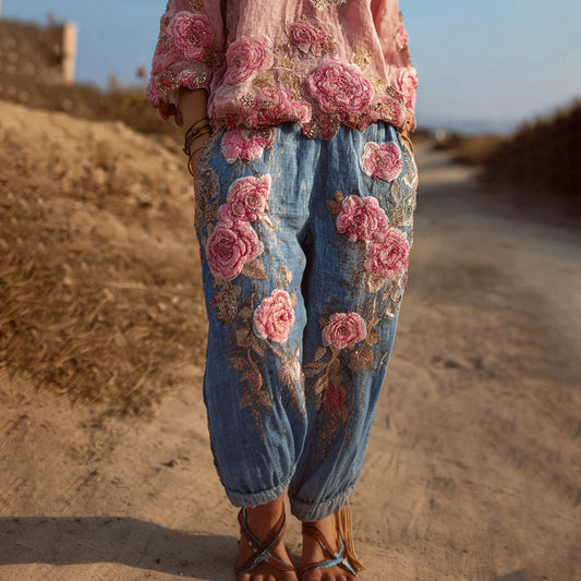 Vintage Boho Floral Embroidered Art Women's Linen Trousers elevenforest