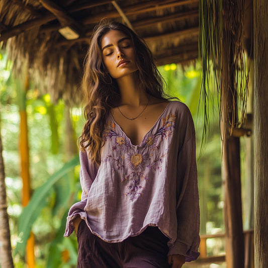 Vintage Bohemian Floral Gold Thread Embroidery Linen V-neck T-shirt elevenforest