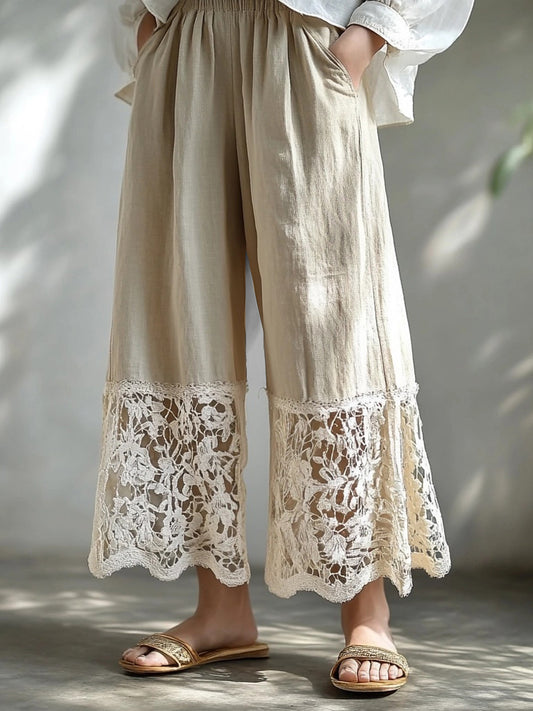 Vintage Hollow Floral Lace Patchwork Flowy Linen Pants elevenforest
