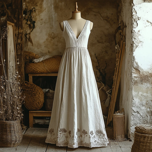 Vintage Floral Embroidered Linen V Neck Maxi Dress elevenforest