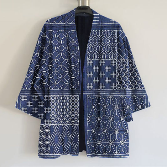 Vintage Japanese Traditional Sashiko Art  Print Linen Blend Kimono Cardigan elevenforest