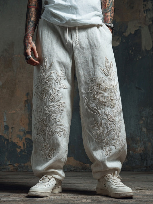 Men's Floral Lace Embroidered Casual Linen Pants elevenforest