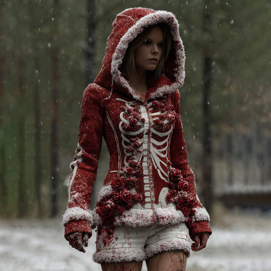Comstylish Women's Vintage Halloween Skeleton & Rose Art Zipper Hooded Sweater