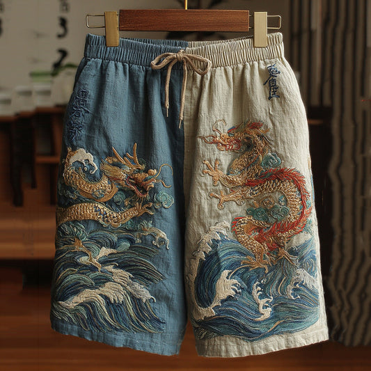 Men's Japanese Dragon Art Contrast Linen Short Pants elevenforest