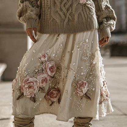 Vintage Rose Pattern Cable Knit Sweater And Linen Skirt Two-piece Set artswardrobe