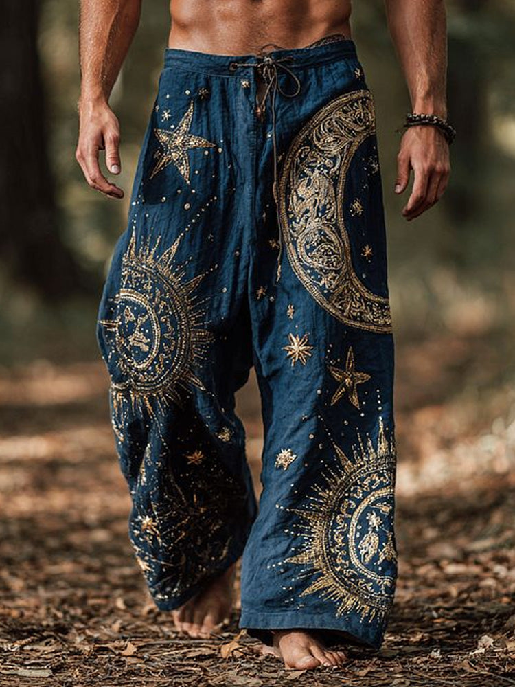 Men's Retro Sun And Moon Embroidered Print Trousers elevenforest