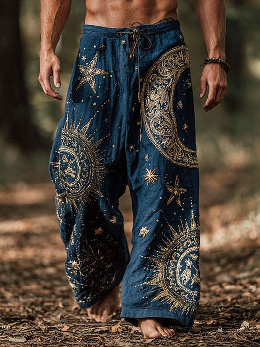 Men's Retro Sun And Moon Embroidered Print Trousers elevenforest