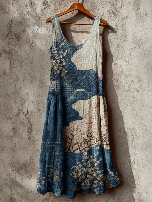 Comstylish Cherry Blossom Sea Waves Japanese Sashiko Art Linen Maxi Dress