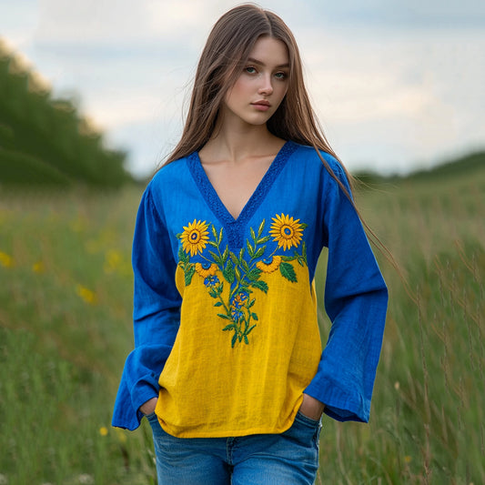 Ukraine Sunflower Embroidery Blend Linen V Neck Loose Blouse artswardrobe