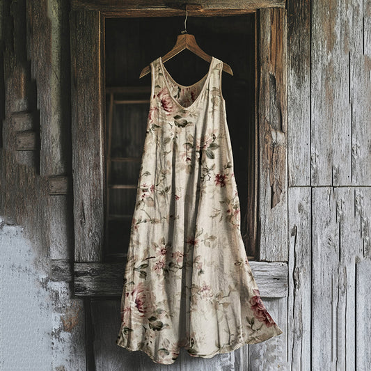 Women's Vintage Flower Print Linen Blend Midi Dress elevenforest