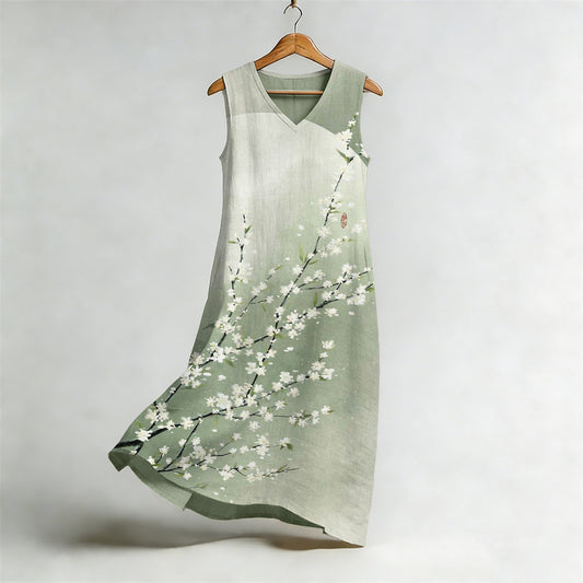 Vintage Pear Flower Art Flowy Linen Midi Dress elevenforest