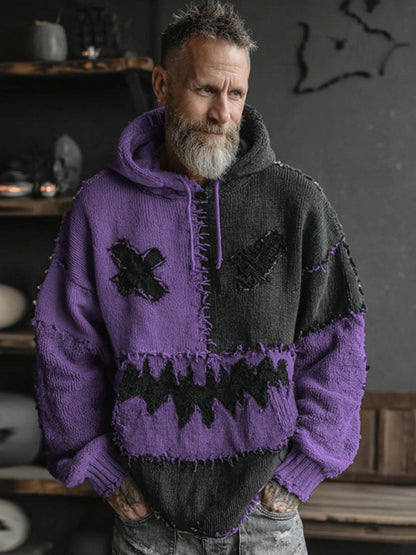 Men's Halloween Spooky Face Colorblock Stitched Hooded Cozy Knit Sweater elevenforest
