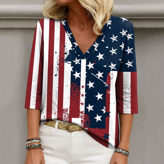 Comstylish Independence Day Flag Print V Neck Loose T-shirt