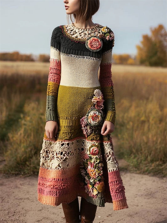 Comstylish Boho Floral Crochet Colorblock Maxi Sweater Dress