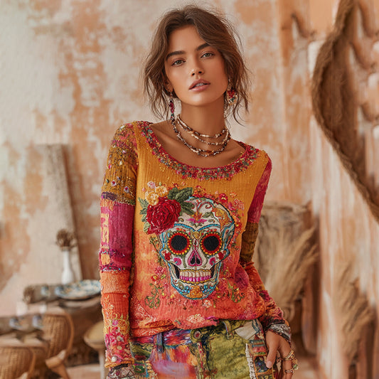 Women's Classic Mexican Sugar Skeleton Catrina Day Of The Dead Inspired Painting Embroidered Casual Linen Long Sleeve T-shirt elevenforest
