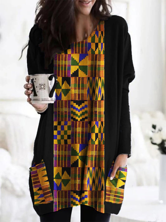 Comstylish Black Pride African Kente Contrast Patch Pocket Cozy Tunic