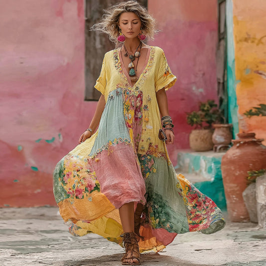 Women's Flower Embroidery Macaron Patchwork Art V-neck Linen Blend Maxi Dress elevenforest