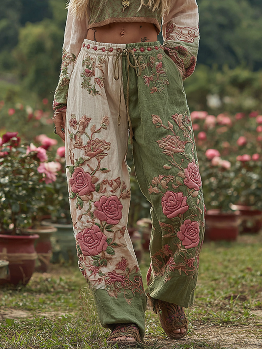 Love & Health Collection Vintage Retro Rose And Floral Patchwork Art Linen Pants elevenforest