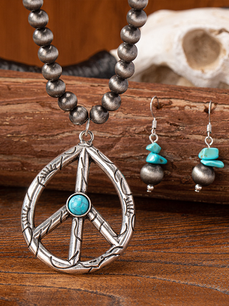 Comstylish Retro Peace Symbol Water Drop Shape Necklace Earrings Set