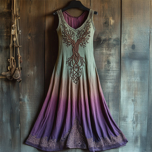 Vintage Tree Of Life Embroidered Gradient Linen Maxi Dress elevenforest