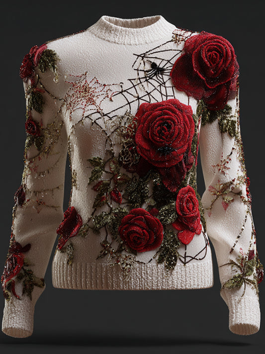 Women's Halloween Red Rose And Spider Web Warm Round Neck Sweater elevenforest