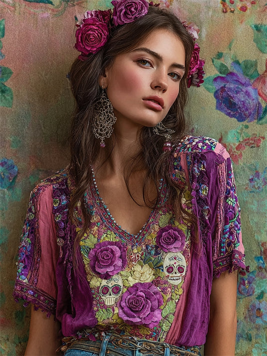 Mexican Sugar Skulls Ethnic Floral Embroidered Contrast Linen Tunic elevenforest