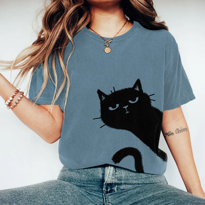 Women's Abstract Creative Cute Black Cat Art Print T-shirt elevenforest