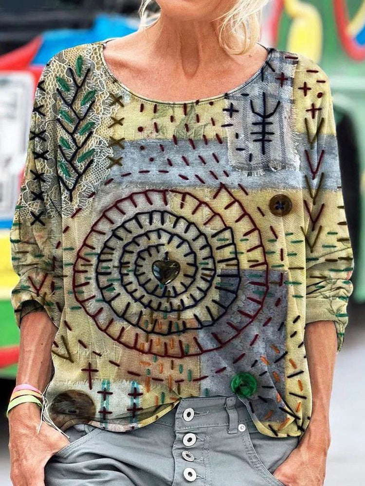Geometric Stitch Embroidery Pattern Women's Linen Long Sleeve T-shirt elevenforest