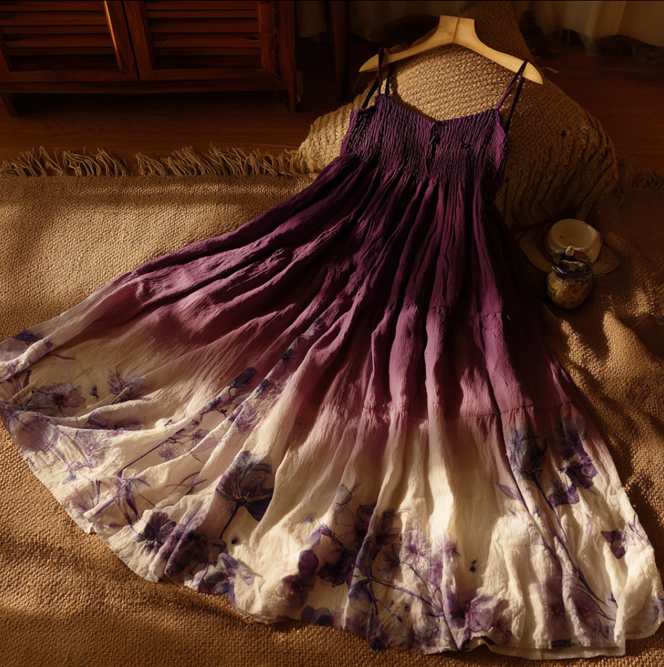 Purple Gradient Plant Floral Print Spaghetti Strap Maxi Dress elevenforest