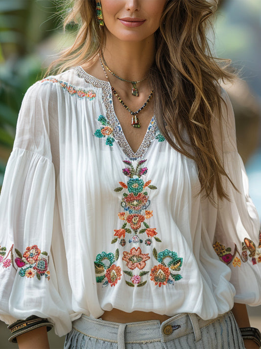 Women's Vintage Linen Bohemian Print Shirt elevenforest