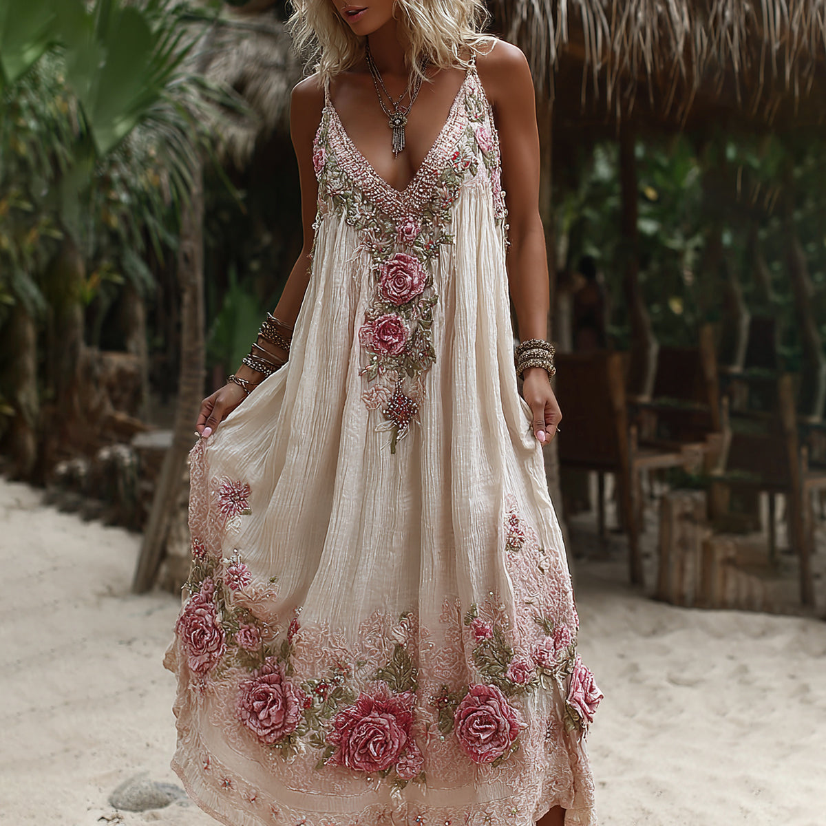 Women's Vintage Pink Rose Embroidery Art V-neck Suspender Maxi Dress elevenforest