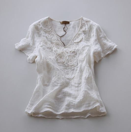 Bohemian Style Woman's V-neck White Rose Short-sleeved Shirt elevenforest