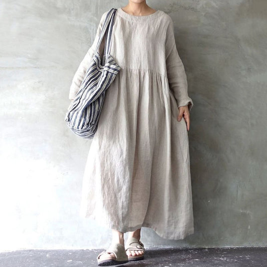 Women's Solid Color Cotton Linen Midi Dress elevenforest
