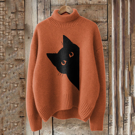 Vintage Peek-A-Boo Hiding Black Cat Pattern Print Turtleneck Knitted Cozy Pullover Sweater elevenforest