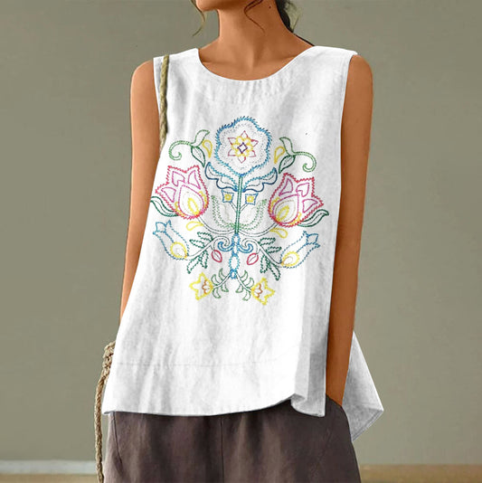 Comstylish Women's Swedish Flower Art Linen Tank Top