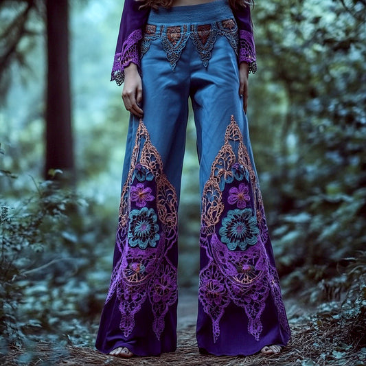 Vintage Purple Floral Lace Embroidered Cotton And Linen Wide-leg Pants elevenforest