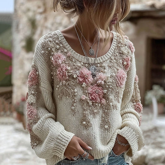 Women's Pink Floral Embroidery Art Knit Pullover Sweater elevenforest