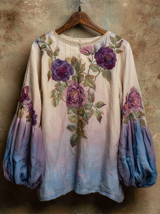 Boho Romantic Floral Embroidery Gradient Women's Linen Loose Shirt elevenforest