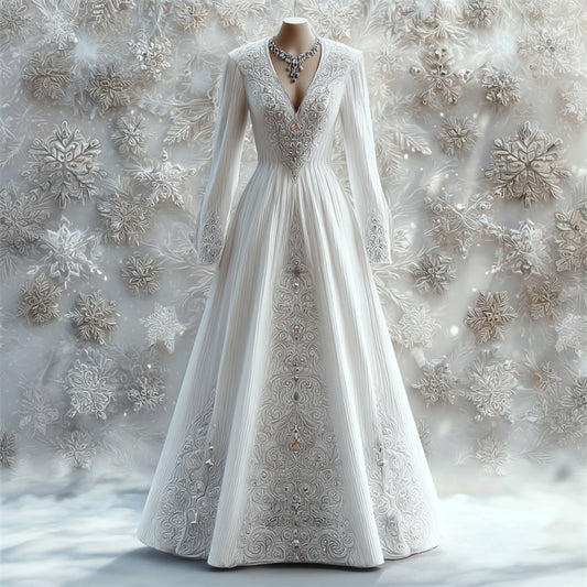 Vintage Classy Snowflake White Flowy Maxi Dress elevenforest