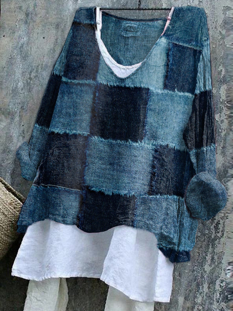 Women's Denim Patchwork Vintage V-neck Shirt elevenforest