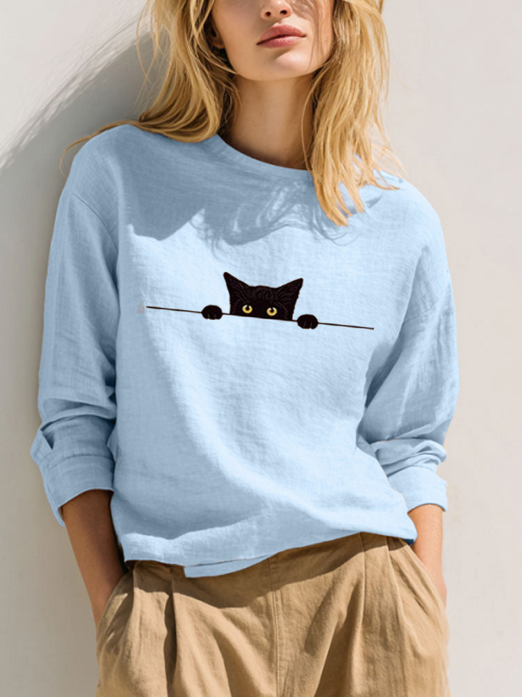 Women's Casual Funny Black Cat Print T-shirt elevenforest