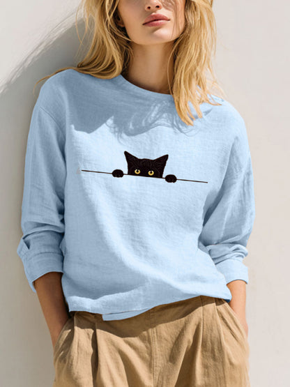 Women's Casual Funny Black Cat Print T-shirt elevenforest