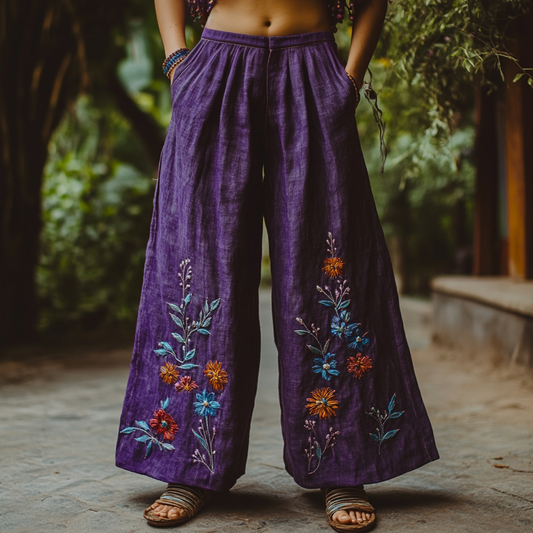 Bohemian Holiday Style Linen Bohemian Floral Print Linen Long Loose Wide-leg Pants elevenforest