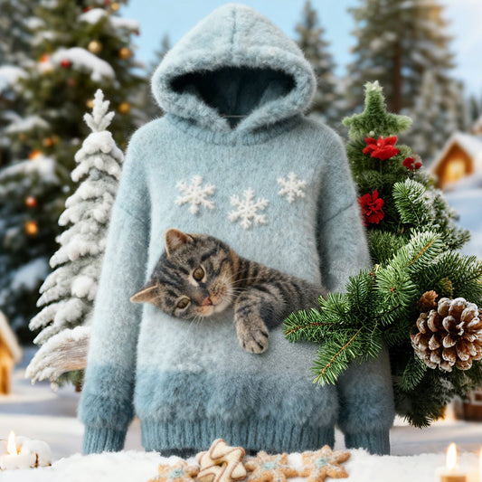 Christmas Cat Felt Art Women's Hooded Plush Sweater artswardrobe